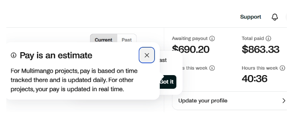 Dashboard — $863 total paid, $690 awaiting